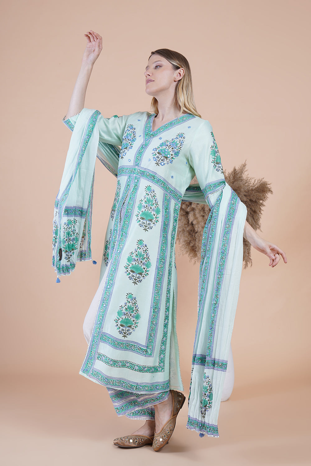 Sea green block print with embroidered kurta suit set