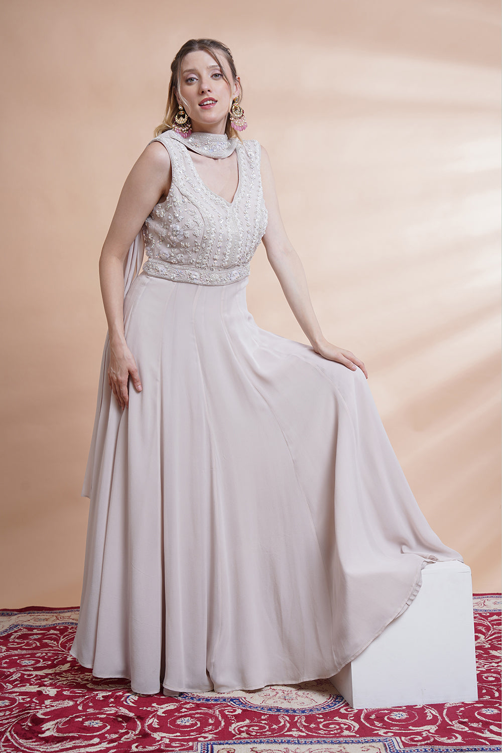 Grey Georgette Flare Gown Set