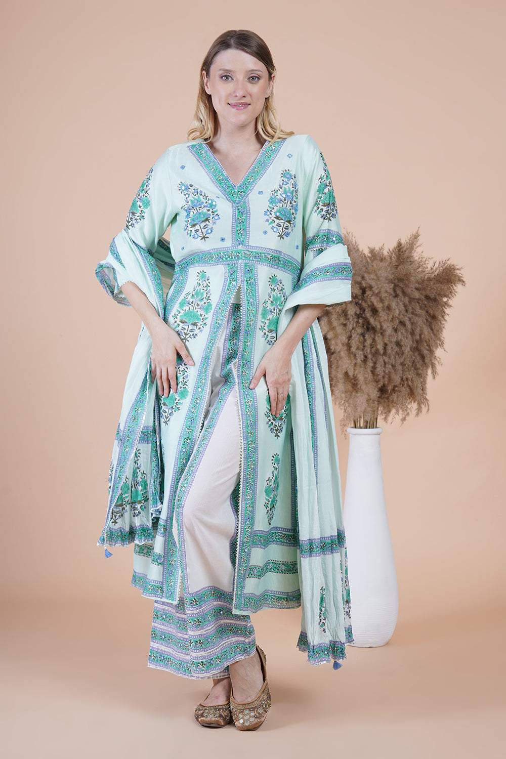 Sea green block print with embroidered kurta suit set