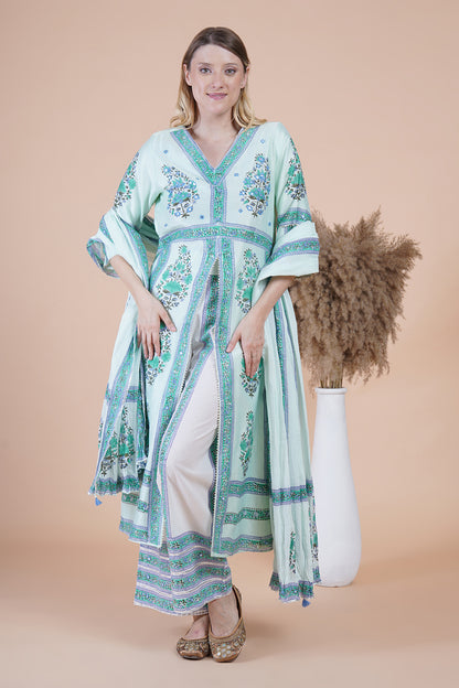 Sea green block print with embroidered Kurta Set