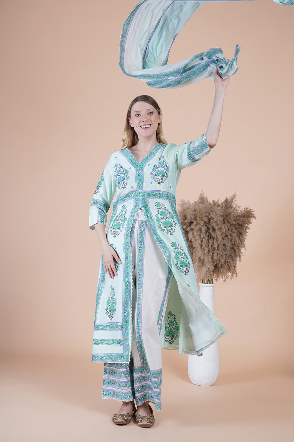 Sea green block print with embroidered Kurta Set