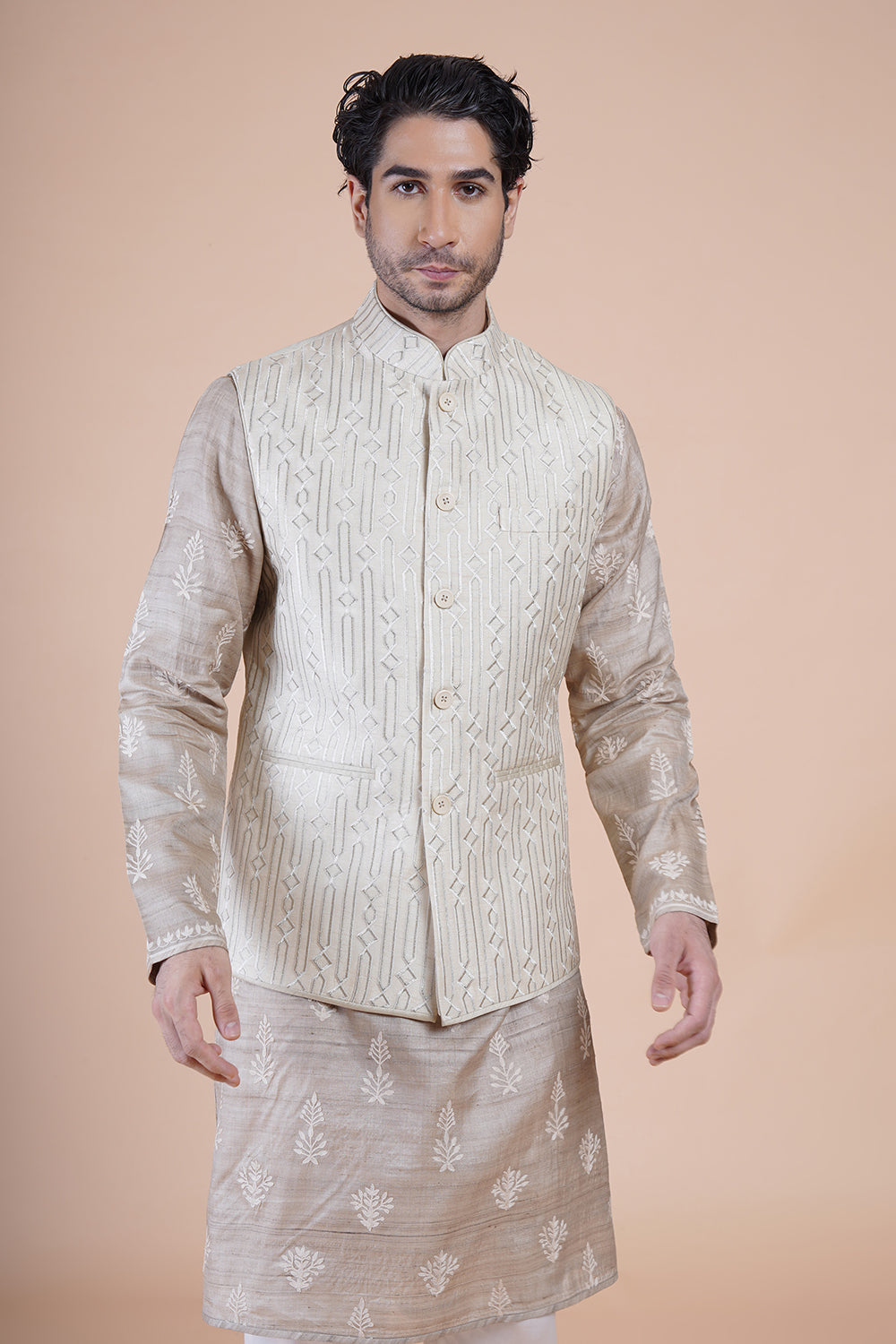 White Embroidered Bundi Kurta Set