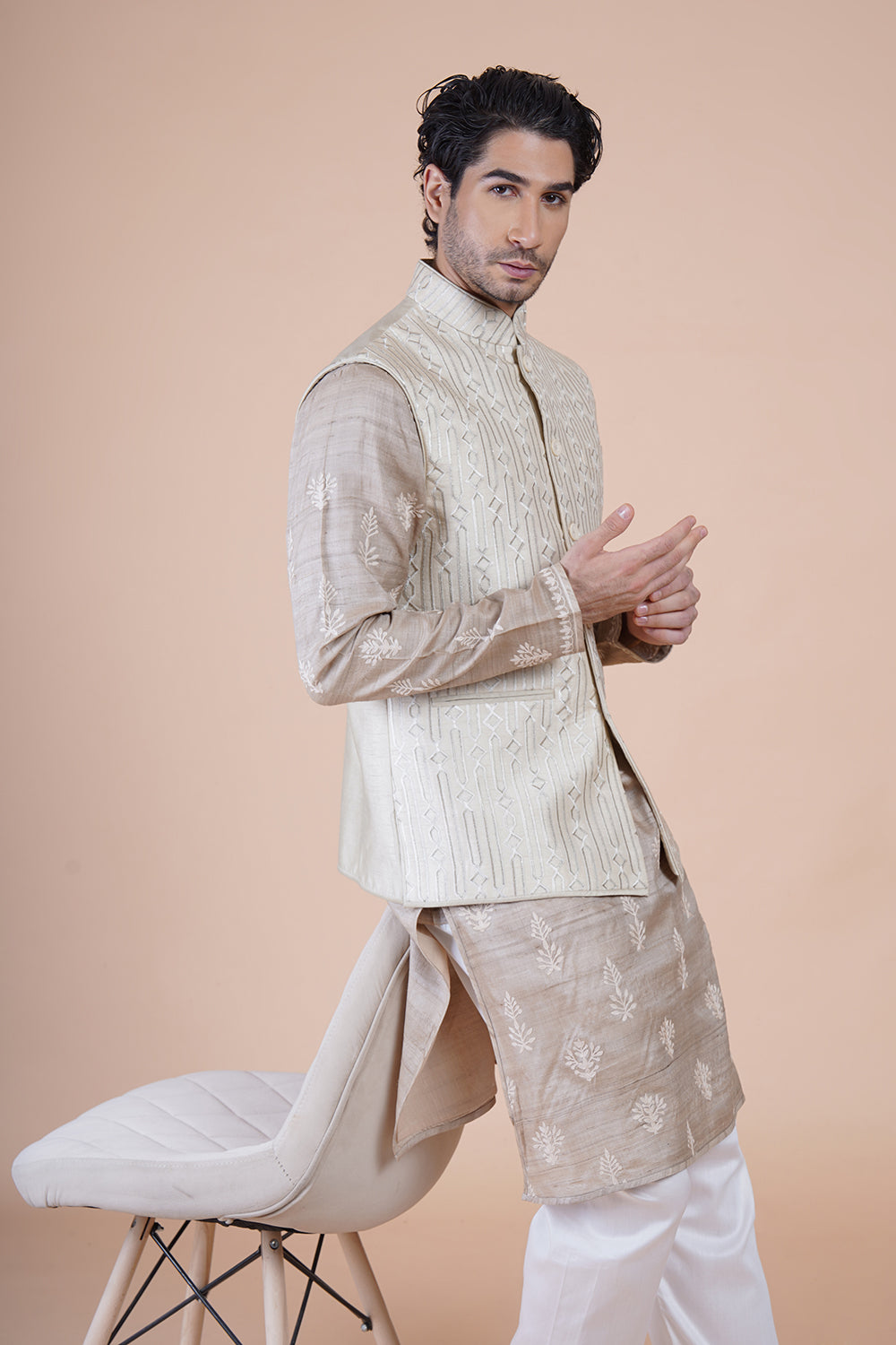 White Embroidered Bundi Kurta Set