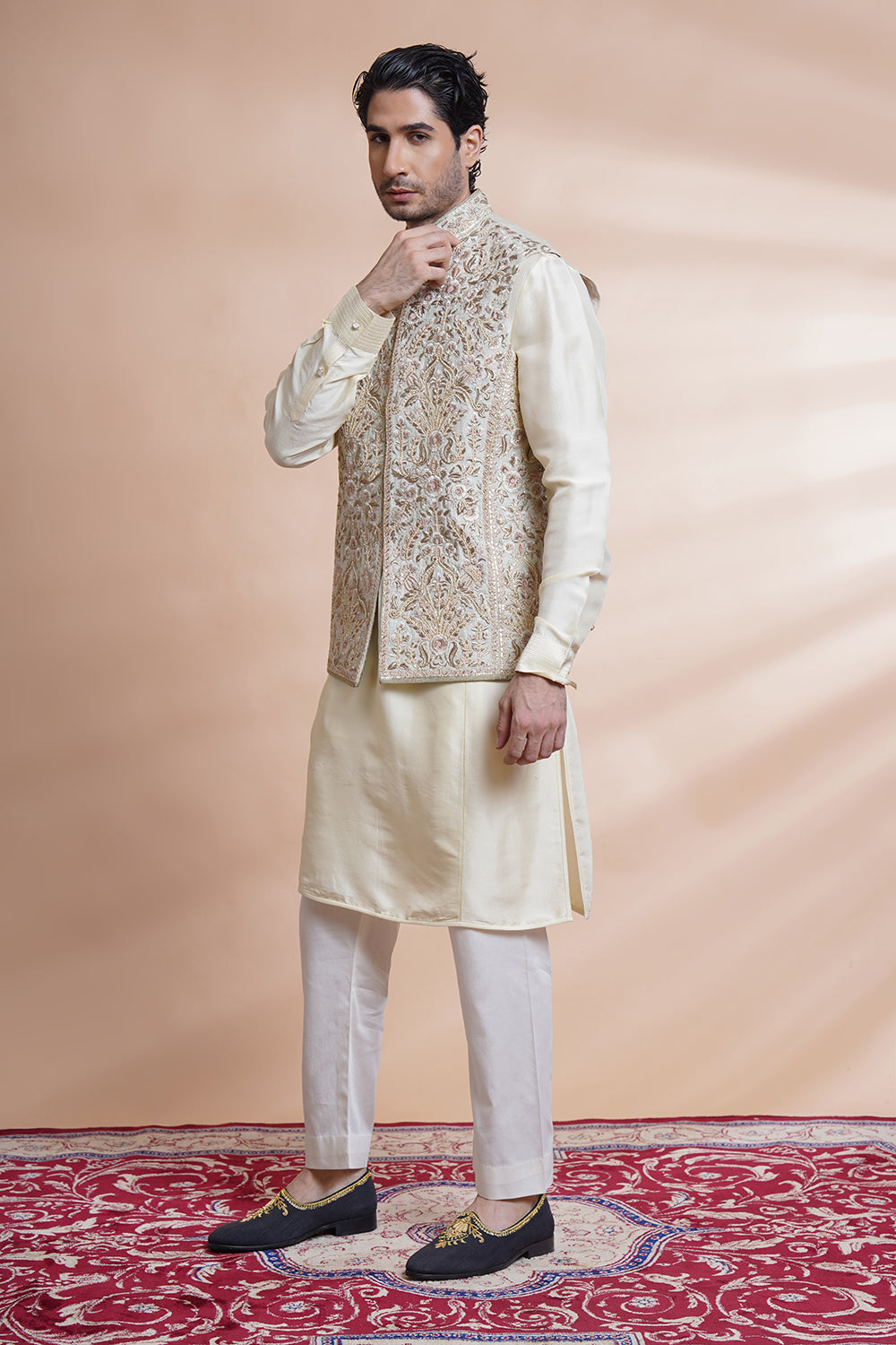 Beige Embroidered Bundi