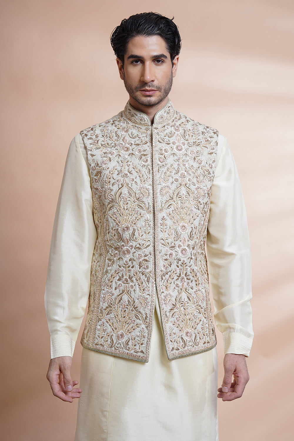 Beige Embroidered Bundi