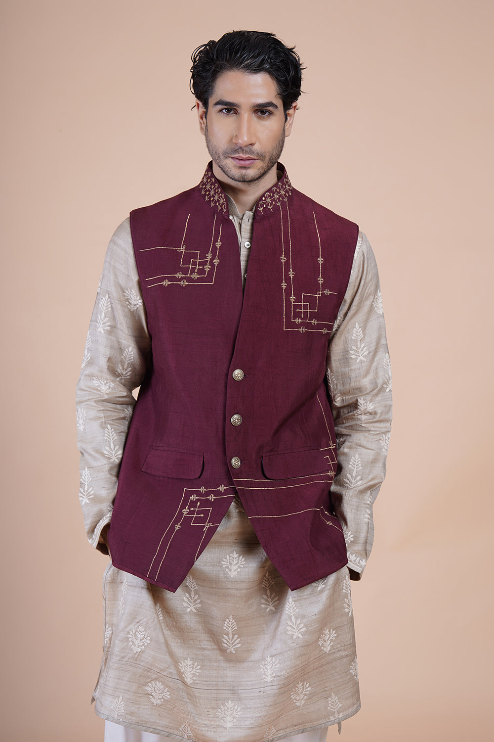 Maroon Embroidered Bundi Set