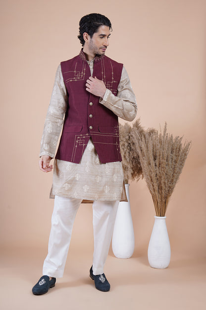 Maroon Embroidered Bundi Set