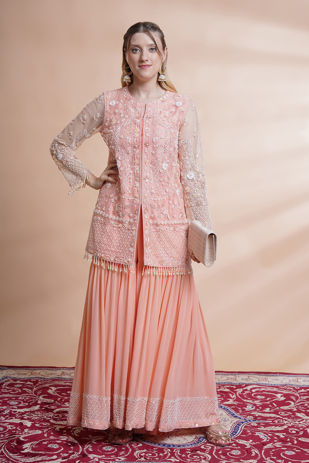 Peach Net Kurta Sharara Set