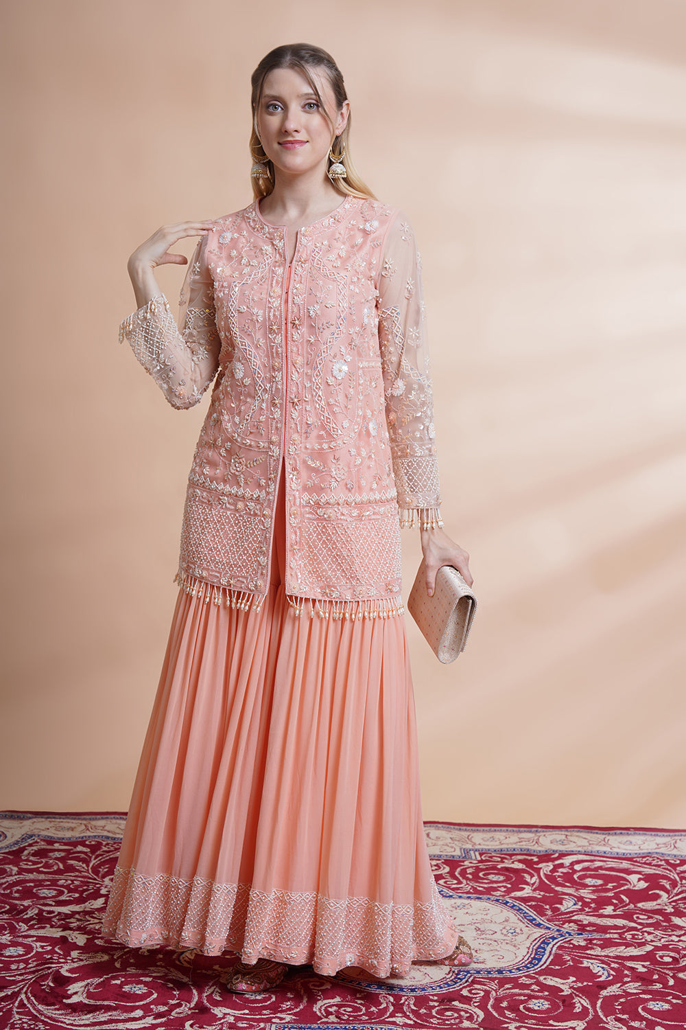 Peach Net Kurta Sharara Set