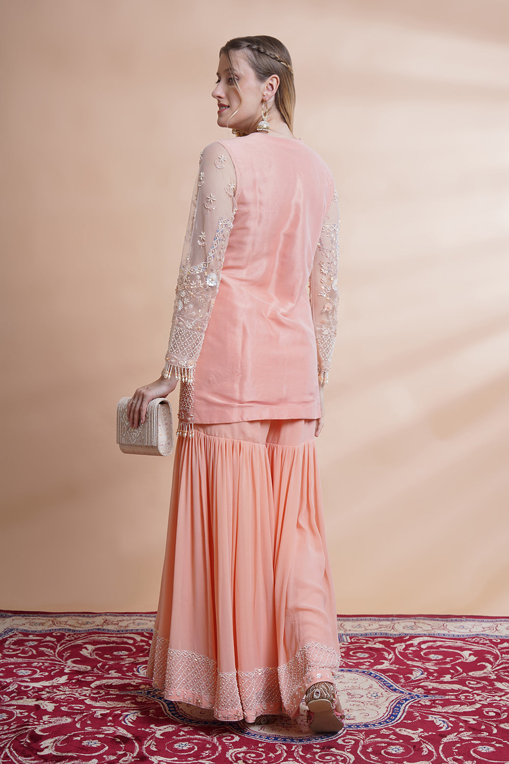 Peach Net Kurta Sharara Set