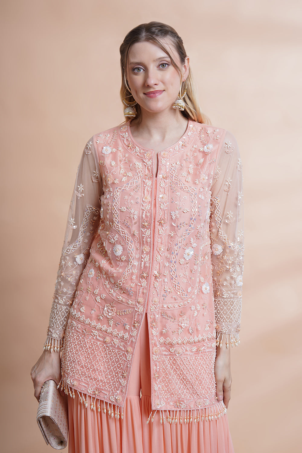 Peach Net Kurta Sharara Set