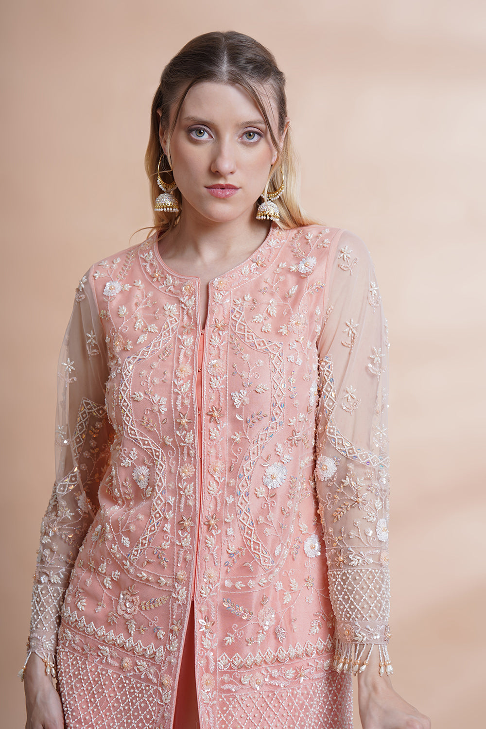 Peach Net Kurta Sharara Set