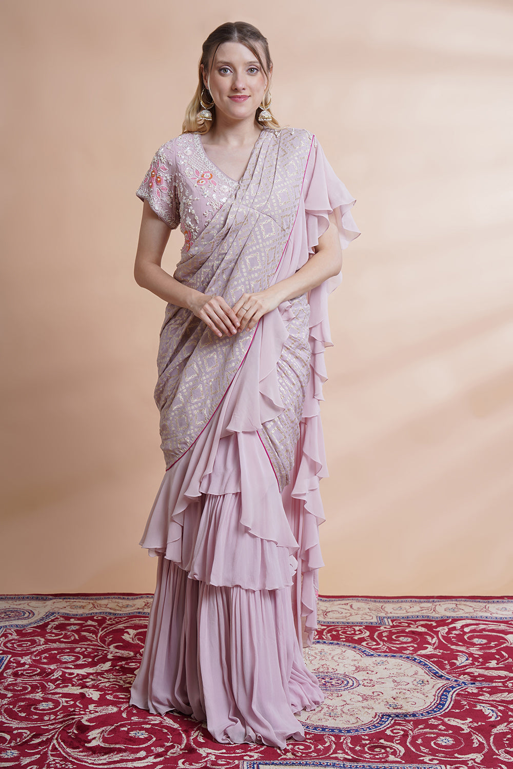 Mauve Georgette Drape Saree Set