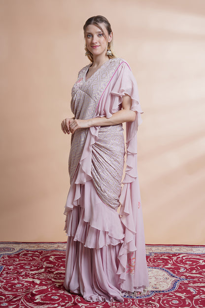 Mauve Georgette Drape Saree Set