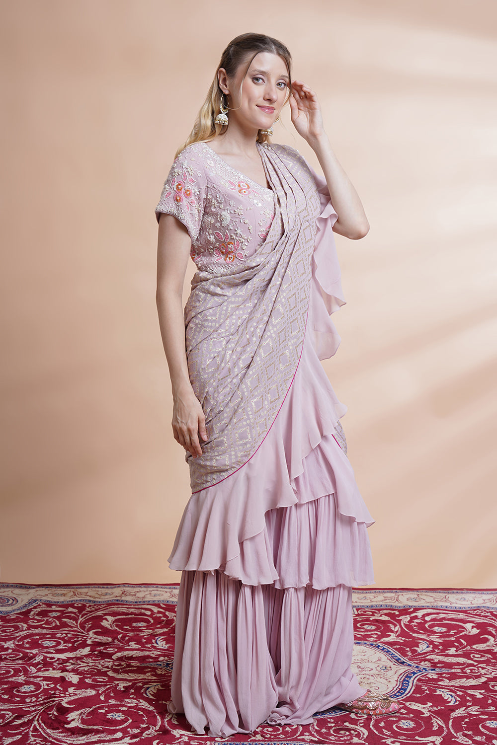 Mauve Georgette Drape Saree Set