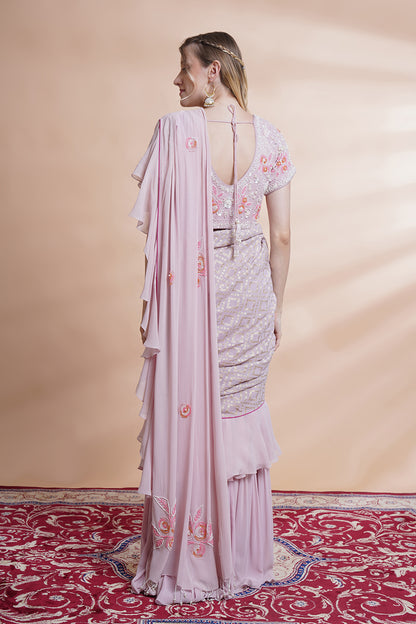 Mauve Georgette Drape Saree Set