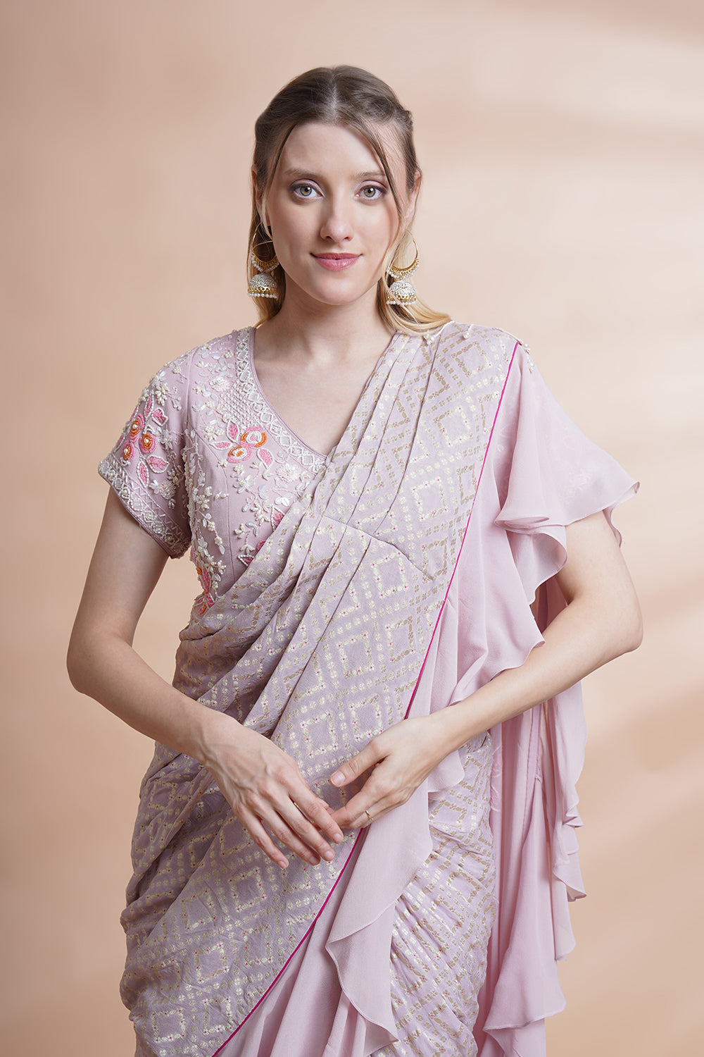 Mauve Georgette Drape Saree Set