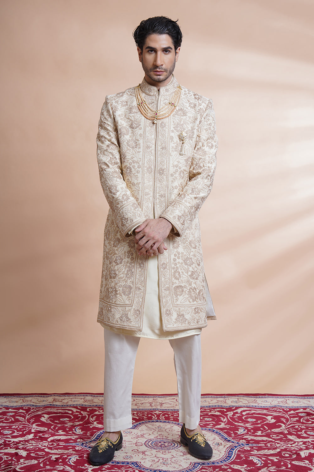 Off White Embroidered Sherwani Kurta Set