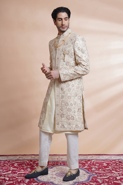 Off White Embroidered Sherwani Kurta Set