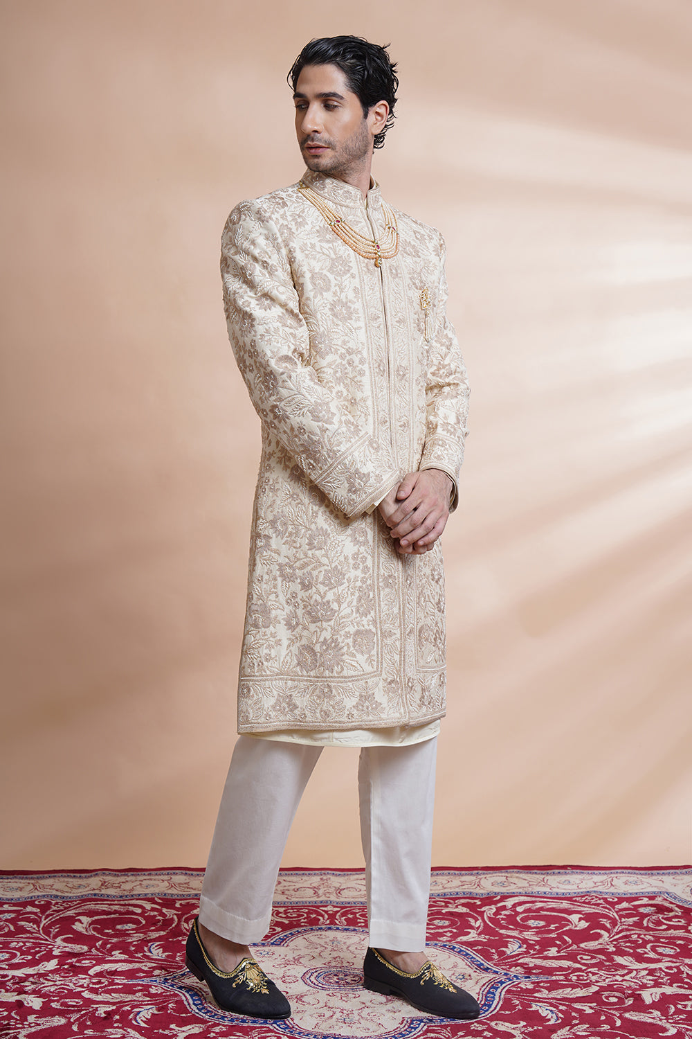 Off White Embroidered Sherwani Kurta Set