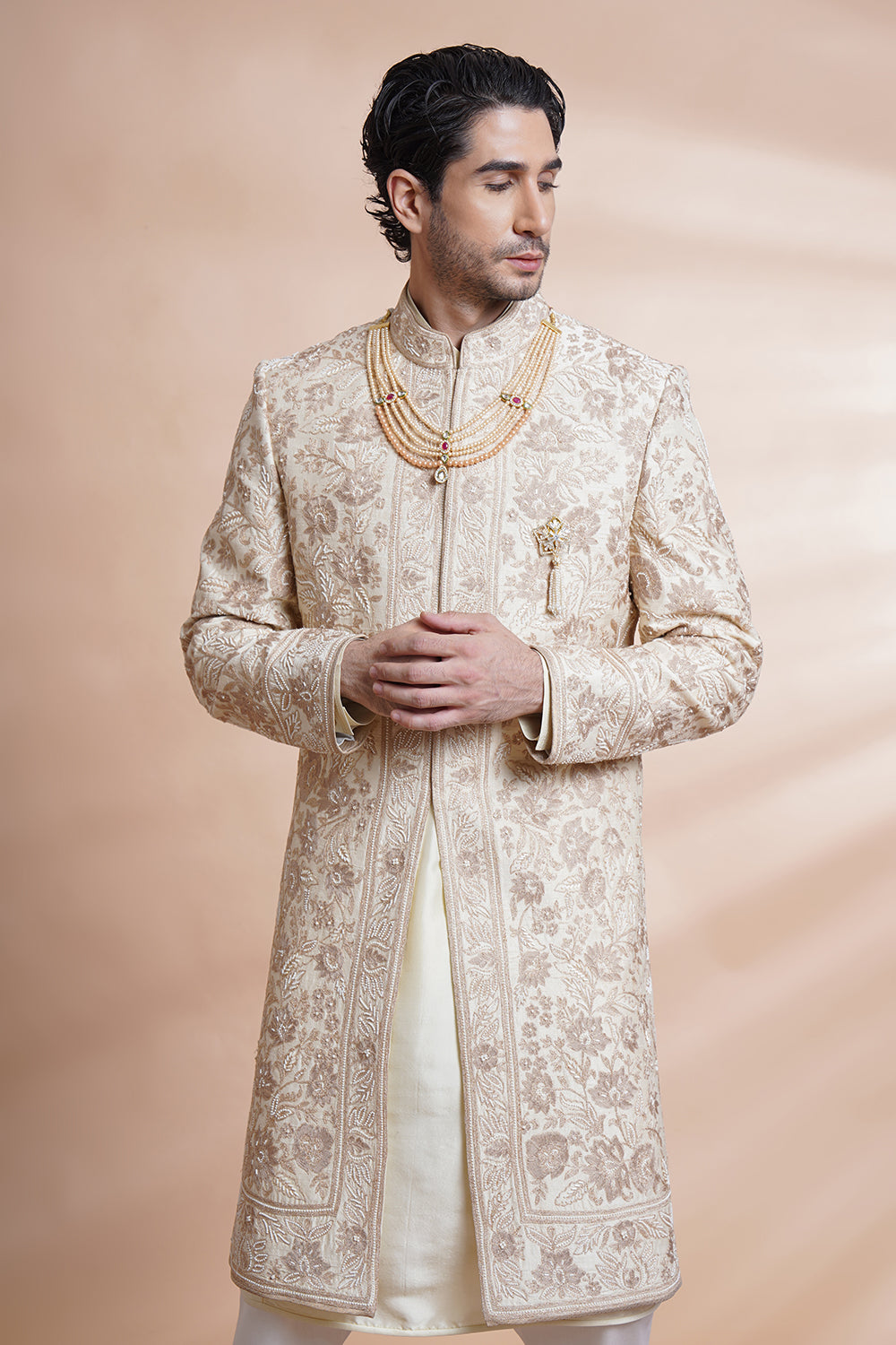 Off White Embroidered Sherwani Kurta Set