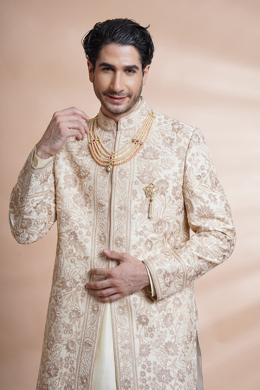 Off White Embroidered Sherwani Kurta Set