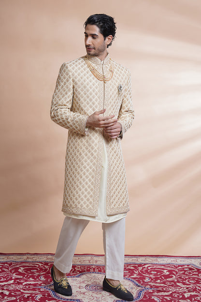 Beige Embroidered Sherwani Kurta Set