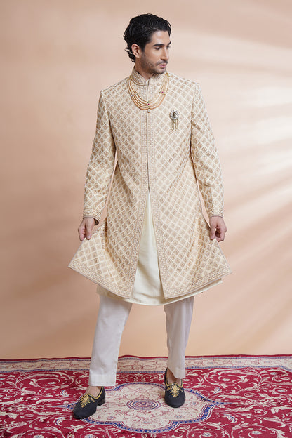 Beige Embroidered Sherwani Kurta Set