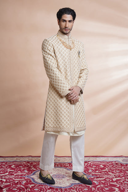 Beige Embroidered Sherwani Kurta Set