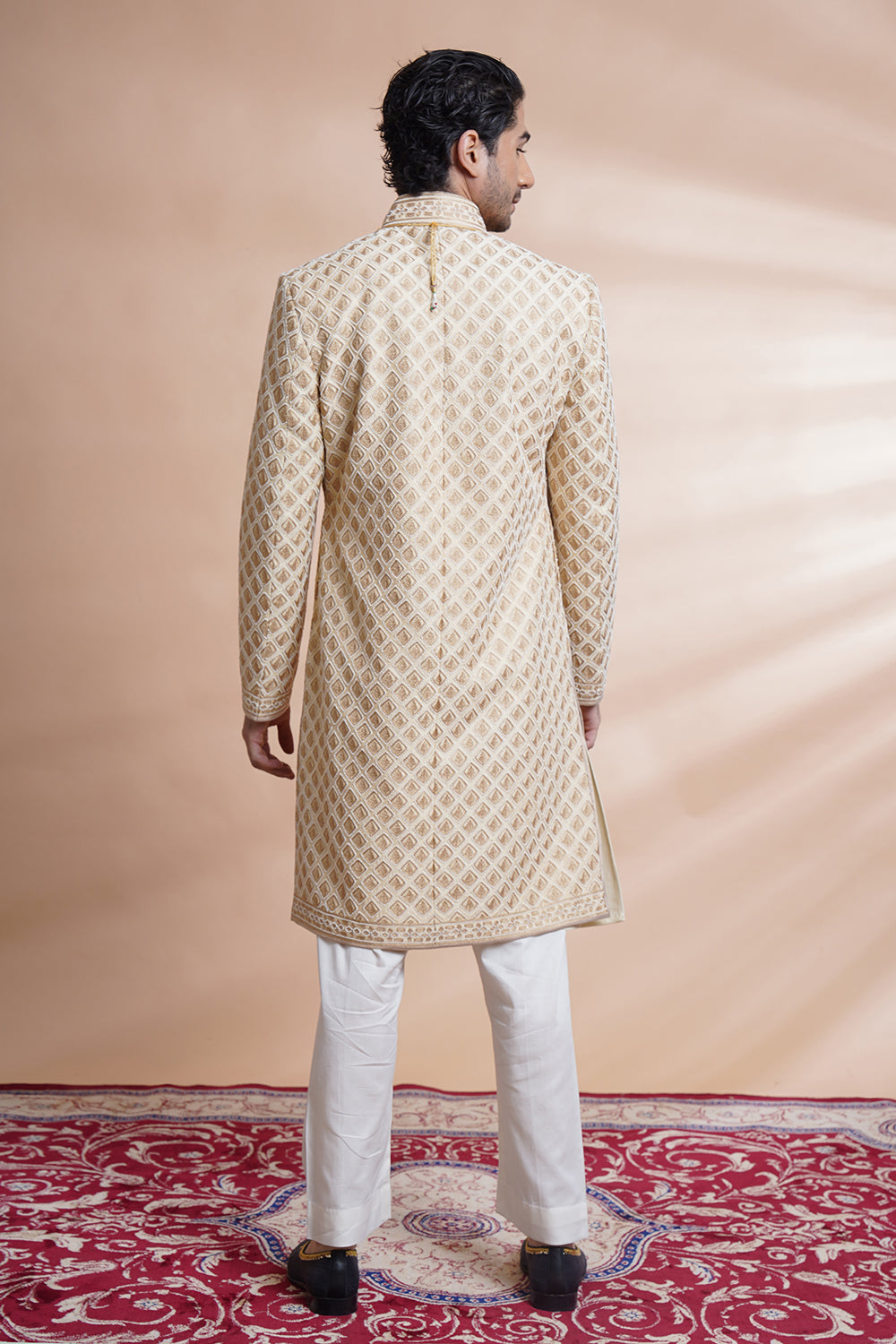 Beige Embroidered Sherwani Kurta Set