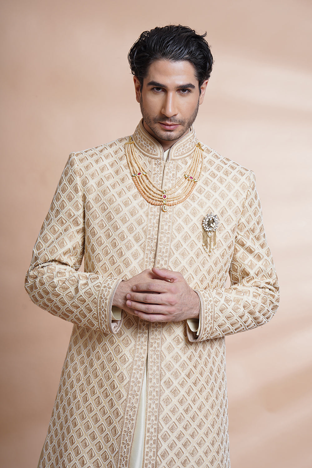 Beige Embroidered Sherwani Kurta Set