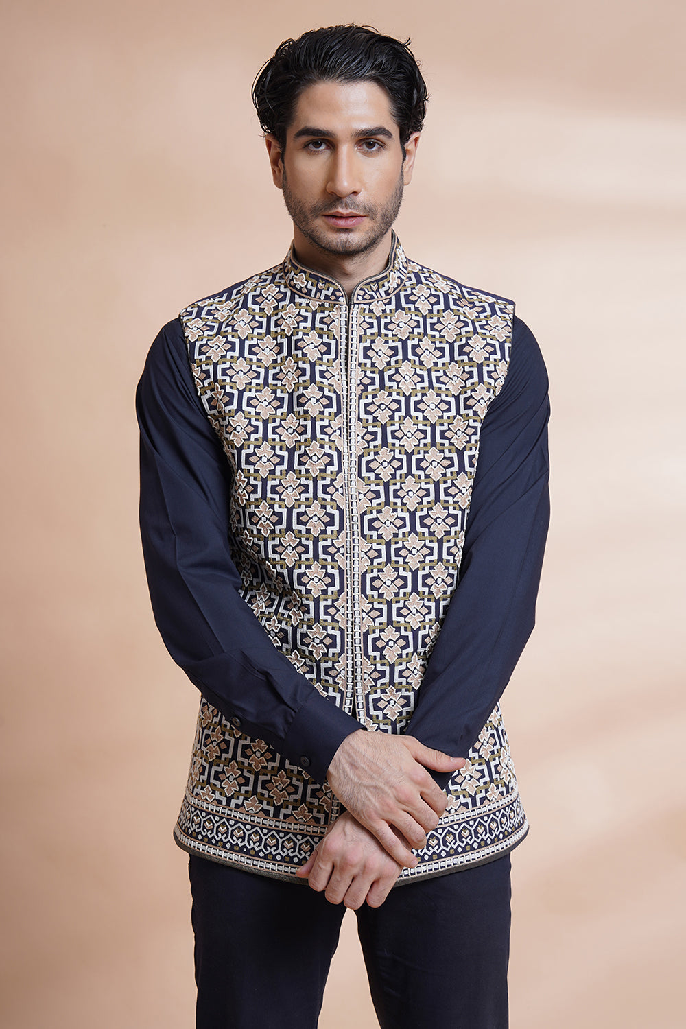 Navy Embroidered Bundi Set