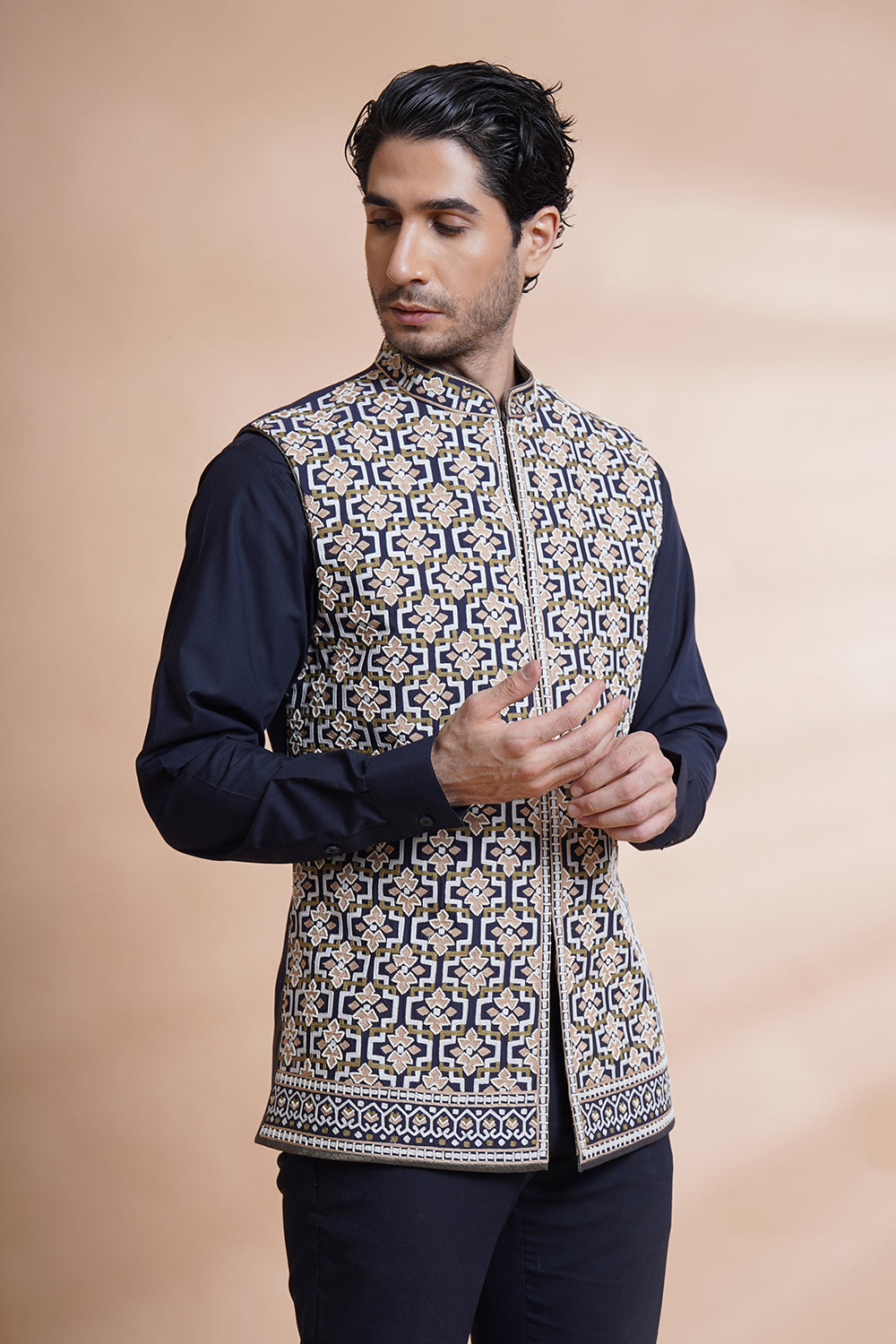 Navy Embroidered Bundi Set