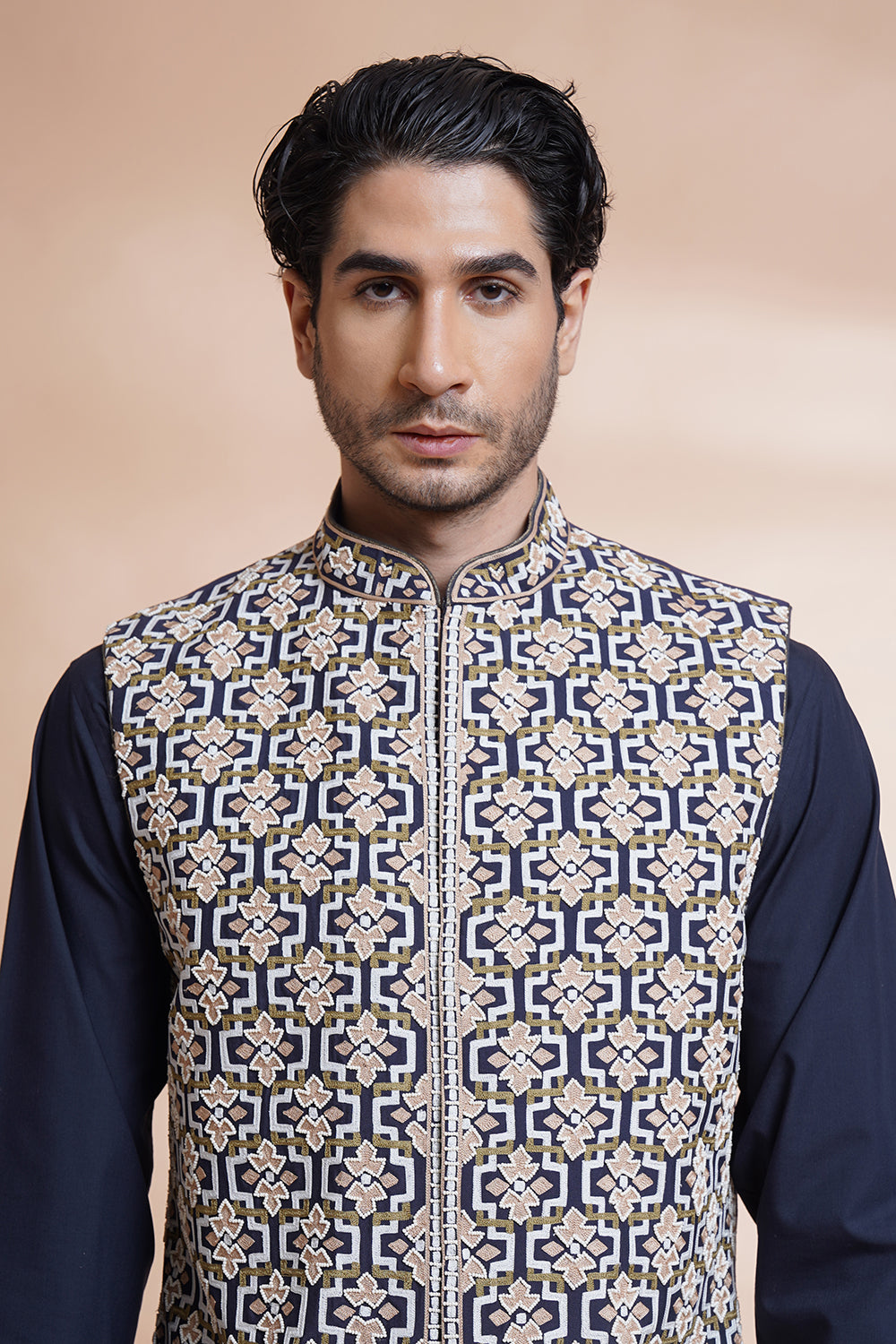 Navy Embroidered Bundi Set