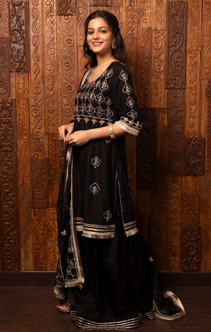 Black Embroidered Silk Chanderi Kurta Sharara Set