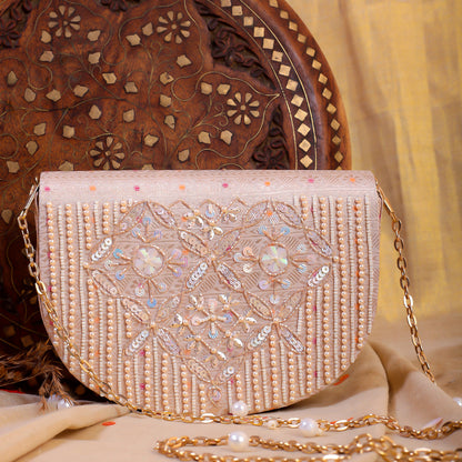 Peach Silk Brocade Hand Embroidery Clutch