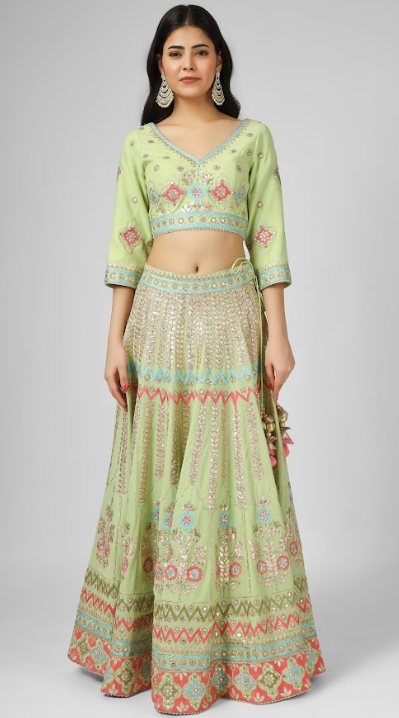 Lime Green Embroidered Georgette Lehenga Set