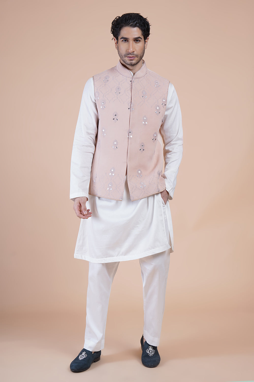 Pink Embroidered Bundi Kurta Set