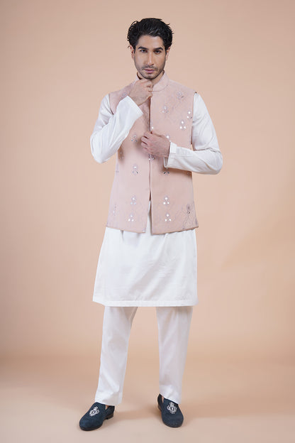 Pink Embroidered Bundi Kurta Set