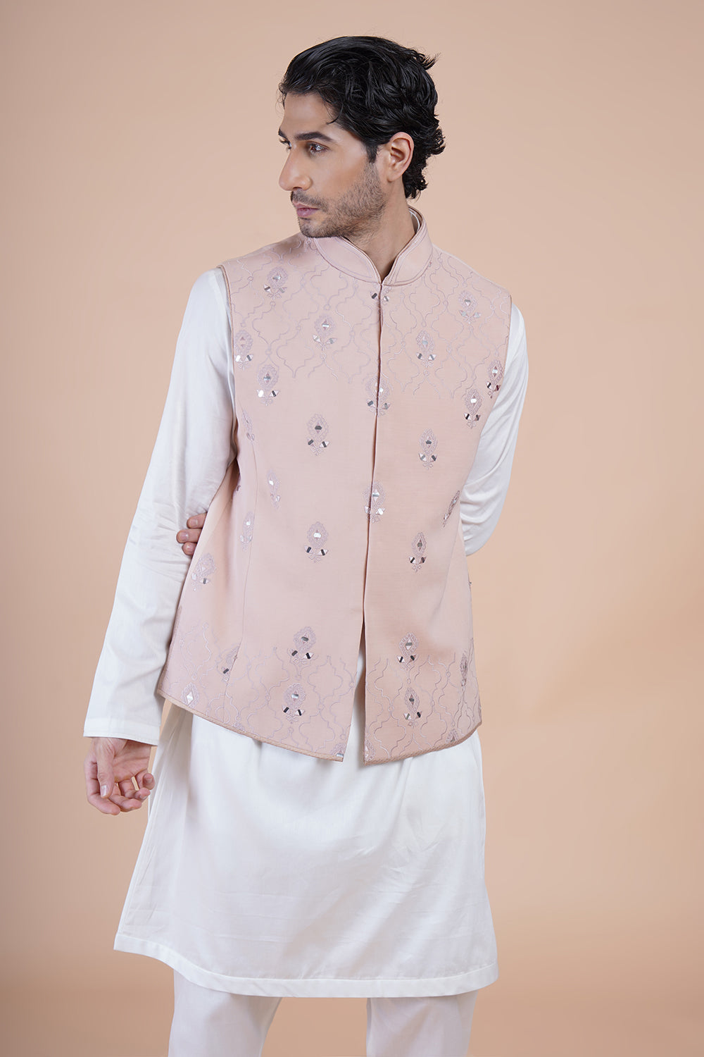 Pink Embroidered Bundi Kurta Set