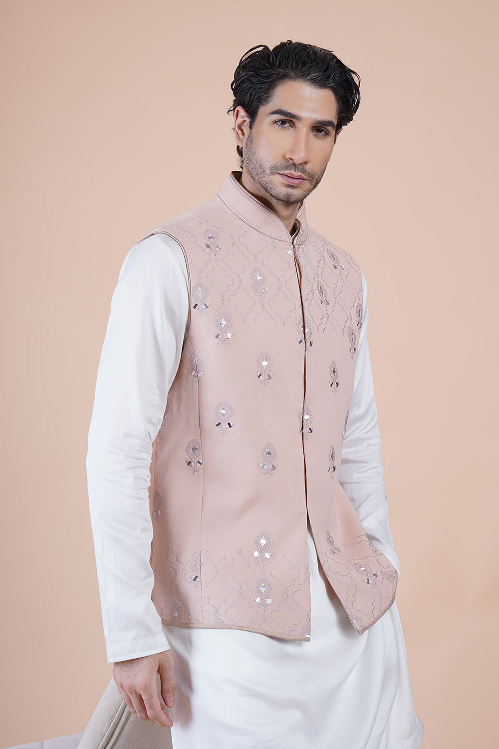 Pink Embroidered Bundi Kurta Set