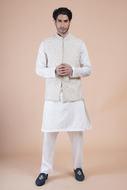 Off White Embroidered Bundi Kurta Set