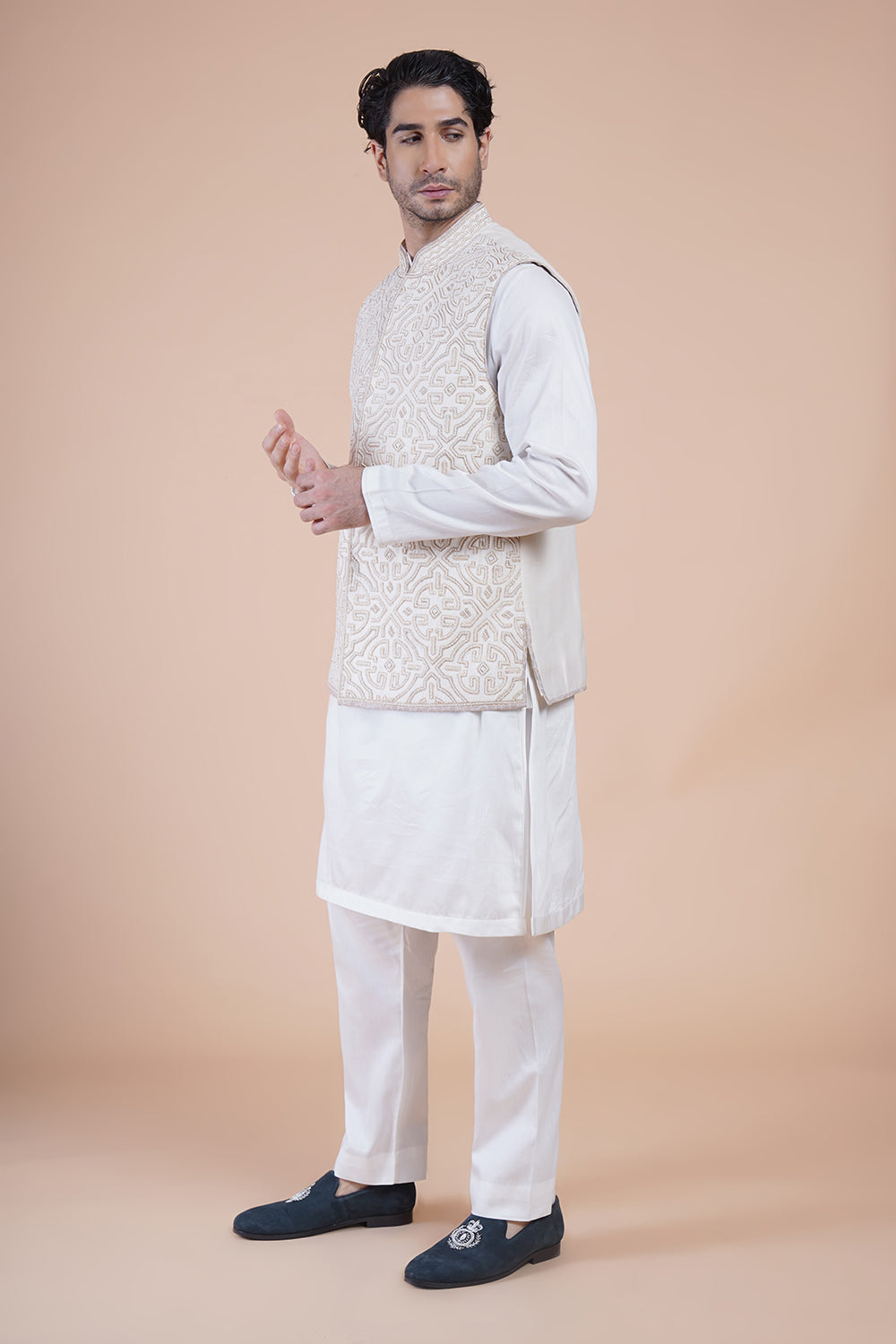 Off White Embroidered Bundi Kurta Set