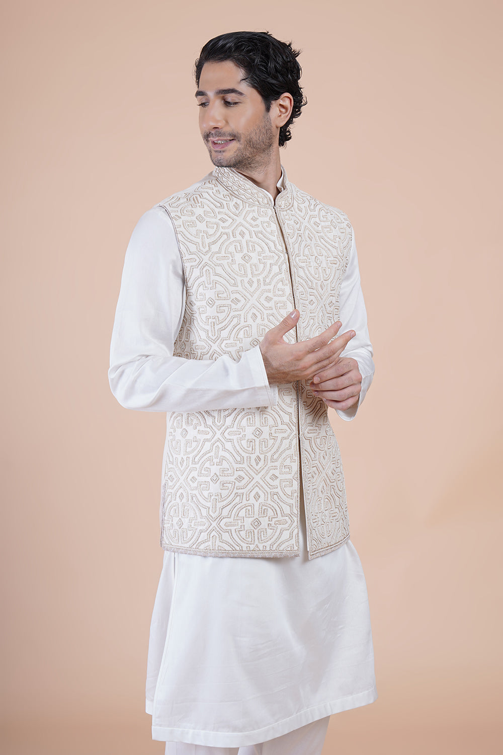 Off White Embroidered Bundi Kurta Set