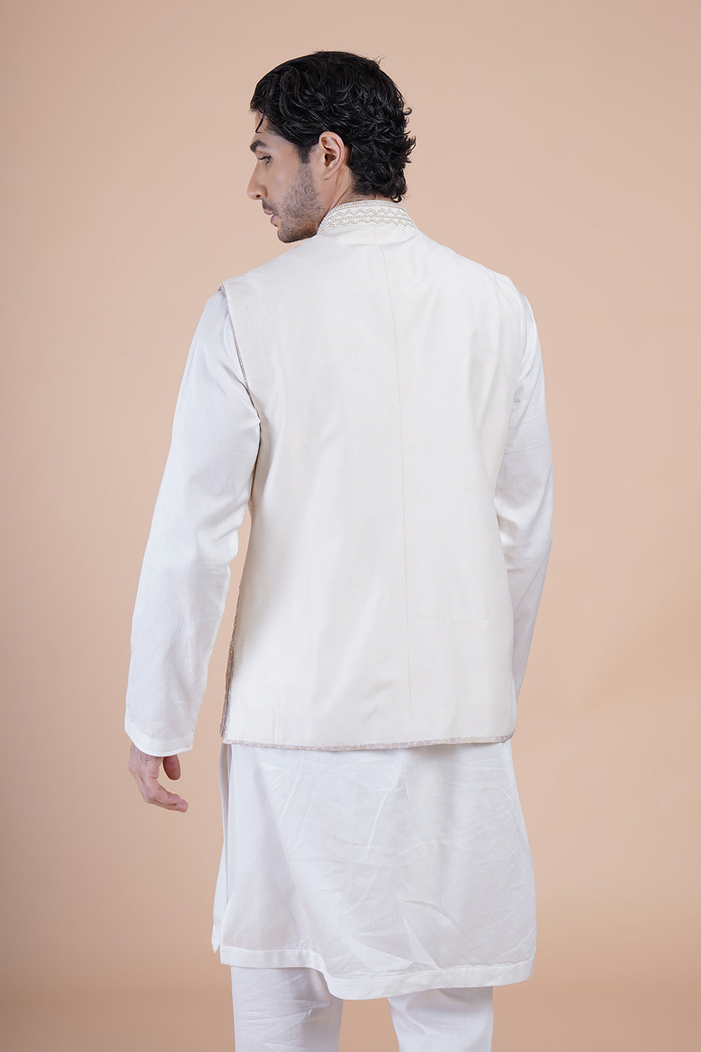 Off White Embroidered Bundi Kurta Set