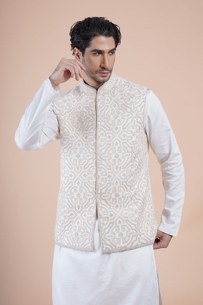 Off White Embroidered Bundi Kurta Set