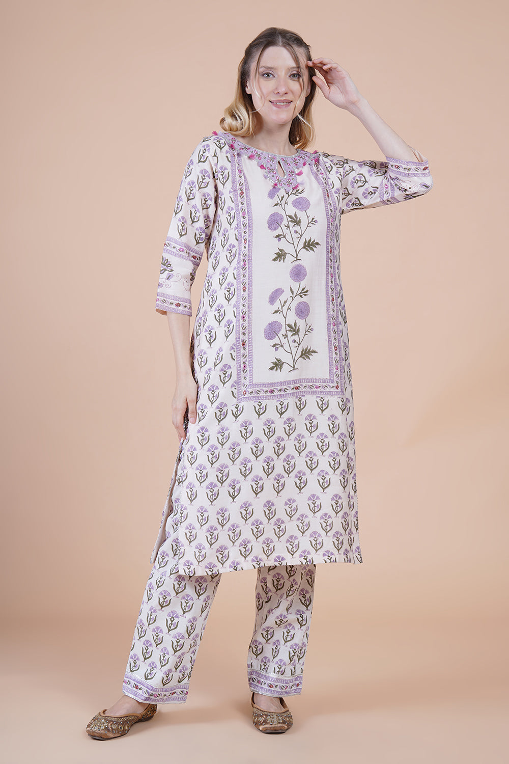 White block print with embroidered Kurta Set