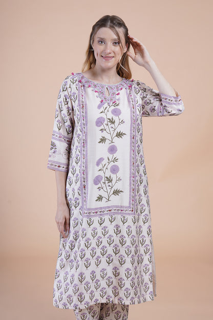 White block print with embroidered Kurta Set