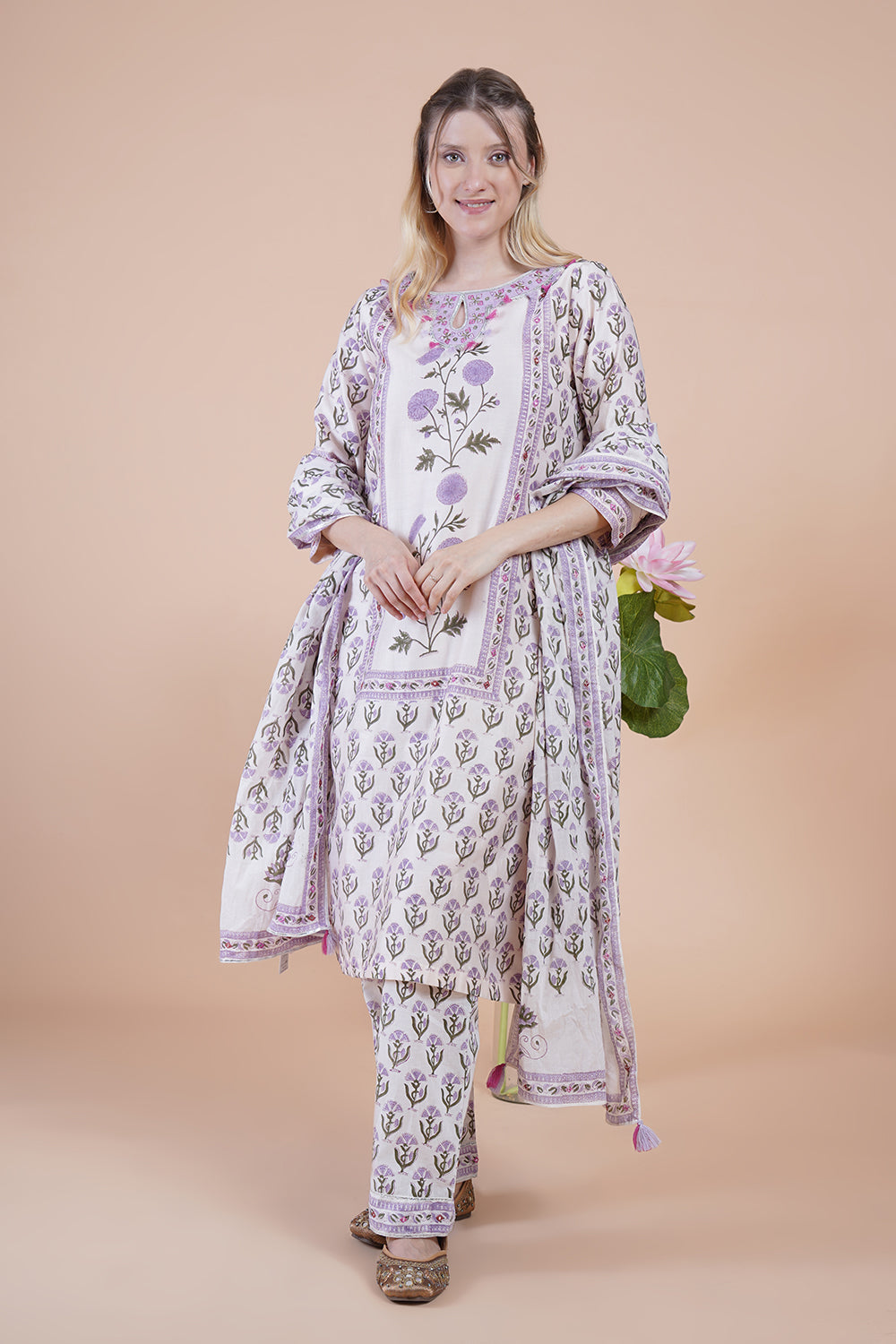 White block print with embroidered Kurta Set