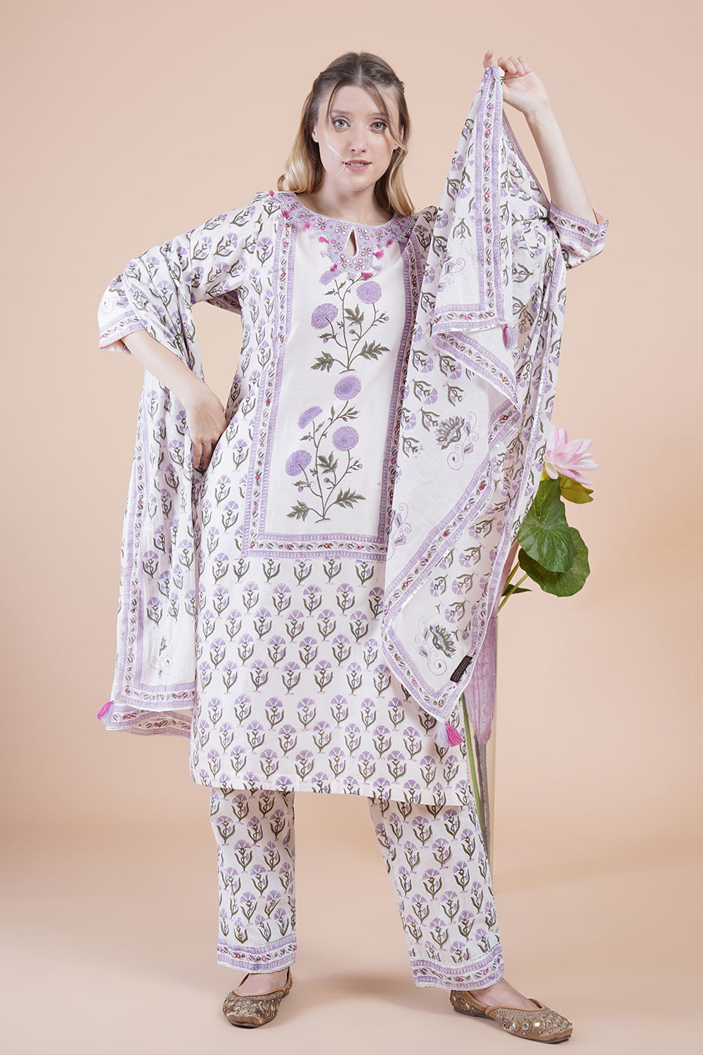 White block print with embroidered Kurta Set